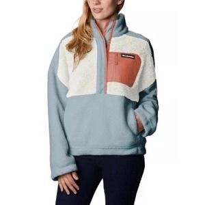 Columbia Lodge Sherpa Fleece Pullover 1/2 Snap Boxy Peach Cream Blue Women's XXL